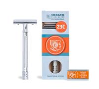 MERKUR 23C Maquinilla de afeitar clásica con mango largo, cromo brillante, corte recto de tres piezas, peine cerrado, ideal para afeitado en húmedo, zinc fundido, mango de latón, fabricado en Alemania