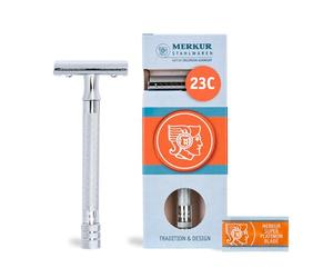 MERKUR 23C Maquinilla de afeitar clásica con mango largo, cromo brillante, corte recto de tres piezas, peine cerrado, ideal para afeitado en húmedo, zinc fundido, mango de latón, fabricado en Alemania