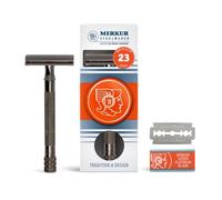 MERKUR 23C - Maquinilla de afeitar de seguridad de doble filo para hombre en acabado gris metálico con mango largo y peine cerrado, fabricada en Alemania, sin plástico