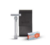 MERKUR 5004 - Juego de afeitado de viaje con maquinilla de afeitar de seguridad MERKUR 38C de dos piezas con mango largo y acabado cromado brillante, 10 cuchillas de doble filo y funda de cuero negro