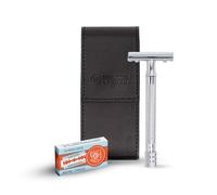 MERKUR 5005 - Juego de afeitado de viaje con maquinilla de afeitar MERKUR 23C de tres piezas con mango largo y acabado cromado brillante, 10 cuchillas de doble filo y funda de cuero negro | Fabricado