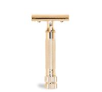 MERKUR Afeitadora de seguridad 34G | Mango compacto dorado brillante | Afeitadora de tres partes con corte recto | Peine cerrado | Ideal para afeitado húmedo | Zinc fundido a presión | Mango de latón