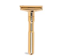 MERKUR Glanzgold 702003 - Maquinilla de afeitar (2 piezas, corte recto, ideal para afeitado en húmedo, zinc fundido, mango de latón, fabricado en Alemania