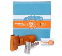 MERKUR Juego de maquinilla de afeitar de acero inoxidable 34 INOX | Incluye maquinilla de afeitar de seguridad premium, funda de cuero y 10 cuchillas de platino | Satén mate | Peine cerrado | Ideal