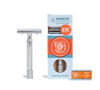 MERKUR Maquinilla de afeitar clásica cromada brillante 33C, de tres piezas con corte recto, peine cerrado, ideal para afeitado en húmedo, zinc fundido a presión, mango de latón, fabricado en Alemania