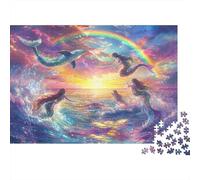 Mermaid Fantasy Scene 1000 Piezas Rompecabezas Regalo Vacaciones Adultos Delfines Saltando bajo Arcoíris sobre Océano de Ensueño Resistente Desafiante Alivio Estrés 38x26cm/1000pcs
