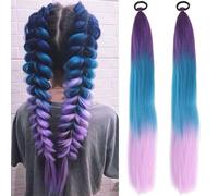 Mermaid Hair Extensions For Kids, Rainbow Wig Hair Braiding For Braiding, 26 Inch Colorful Ombre Mermaid Pony Tail Synthetic Hair Extensions For Girl Women All Ages (85)