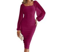 MEROKEETY Vestido Midi Fruncido de Manga Larga abombada para Mujer, Cuello Cuadrado, Malla, cóctel, Fiesta, Ciruela, S