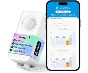 Meross Detector de Presencia Matter Over Thread, Sensor de Movimiento IP67 con Detección de 3 Zonas, Detector de Movimiento Bateria Compatible con Apple HomeKit, Alexa, Google Home