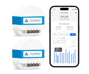 Meross Interruptor Inteligente Matter MSS815, 2 Piezas | Cable Neutro Requerido | Control de Luz y Monitoreo Consumo Eléctrico | Configuración Rápida | Compatible con Apple Home, Alexa y Google Home