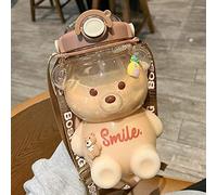 Merrwon Kawaii - Botella de agua con forma de oso con pajita y calcomanías, botella a prueba de fugas con correa para el hombro para niñas, viajes, escuela, 1 litro