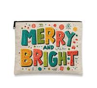 Merry and Bright - Bolsa de maquillaje colorida para mujer, organizador portátil de lona con cremallera, bolsa de aseo navideña para el cuidado de la piel, Beige, 7x9 Inch, Bolsa