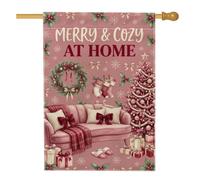 Merry And Cozy Holiday Home - Bandera para casa de árbol de Navidad, 28 x | Corona, bandera de césped, medias de vacaciones, cajas de regalo, sofá a cuadros, copos de nieve de invierno, bayas de acebo