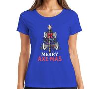 Merry Axe-Mas Vikingo Hacha Árbol de Navidad Lazo Regalo Camiseta Mujer, azul, L