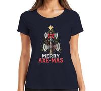 Merry Axe-Mas Vikingo Hacha Árbol de Navidad Lazo Regalo Camiseta Mujer, azul marino, L