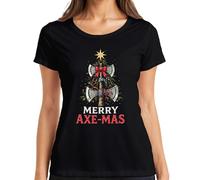 Merry Axe-Mas Vikingo Hacha Árbol de Navidad Lazo Regalo Camiseta Mujer, Negro , 3XL