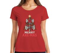 Merry Axe-Mas Vikingo Hacha Árbol de Navidad Lazo Regalo Camiseta Mujer, rojo, M