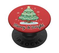Merry & Bright - Árbol de Navidad Sonriente Kawaii Luces navideñas PopSockets PopGrip Adhesivo