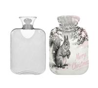 Merry Christmas Animals - Botella de agua rosa y gris con diseño de ardilla para agua caliente con cubierta suave, bolsa de 2 L para calentar los pies y las manos, terapias calientes y frías