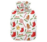 Merry Christmas - Botella de agua caliente de pan de jengibre marrón con funda suave, bolsa de agua caliente de 1 litro para calentador de cuello y hombros