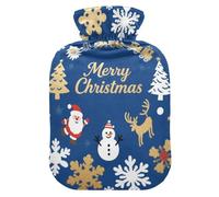 Merry Christmas - Botella de agua caliente de viaje con diseño de copo de nieve nórdico y Papá Noel, color dorado y azul, con funda suave, 2 L, compresa cálida para escenarios, (escenario), bolsa