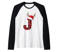 Merry Christmas J - Luces de Reno a Cuadros Camiseta Manga Raglan