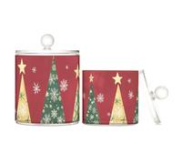 Merry Christmas - Organizador de maquillaje de plástico transparente para árbol de Navidad rojo con tapa, tocador esencial, tarro de almacenamiento decorativo para hisopos de algodón, almohadillas de