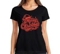 Merry Christmas Regalo de Navidad Santa Sombrero Estrellas Vintage Camiseta Mujer, Negro , S