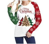 Merry Christmas Sweartshirt para mujer, bloque de color, Navidad, impresión de copo de nieve, cuello redondo, camiseta de manga larga cosas baratas sin gastos de envío, verde, L