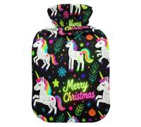 Merry Christmas White Unicorns - Botella de agua caliente con funda suave, bolsa de agua de 2 L para aliviar el dolor