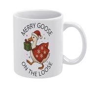 Merry Goose On The Loose - Taza de café de cerámica blanca de 325 ml, taza de té impresa de doble cara con mango ergonómico en C, parte inferior gruesa de porcelana para el hogar, oficina, cocina