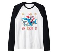 Merry Sharkmas Funny Santa Riding Shark Luces de Navidad Camiseta Manga Raglan