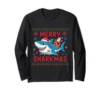 Merry Sharkmas Ugly Sweater Santa Riding Shark con Luces Manga Larga