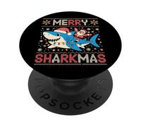 Merry Sharkmas Ugly Sweater Santa Riding Shark con Luces PopSockets PopGrip Adhesivo