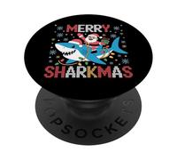 Merry Sharkmas Ugly Sweater Santa Riding Shark con Luces PopSockets PopGrip Adhesivo
