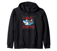 Merry Sharkmas Ugly Sweater Santa Riding Shark con Luces Sudadera con Capucha