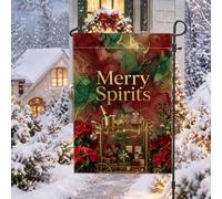Merry Spirits - Bandera de jardín con cita navideña para carrito de bar | Flores de pascua, bandera de césped, caligrafía dorada, copas de champán, textura de tinta de alcohol
