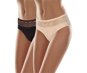 Merry Style Bragas Mujer Algodón Cómodas y Transpirables - Ropa Interior Femenina con Encaje, Ajuste Estable, Cobertura Completa, Brief Clásico Diario Braguitas MS-GAB-21 (2Pack Negro/Beige, M)
