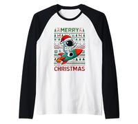 Merry Ugly Christmas Funny Santa Astronaut Riding Rocket Camiseta Manga Raglan