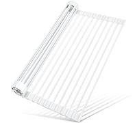 MERRYBOX Roll Up Over The Sink Dish Drying Rack Silicone Wrapped Foldable, Heat-Resistant, Anti-Slip Sink Rack Multipurpose Dish Drainer for Kitchen Sink Counter - White, 17.5" x 11"