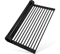 MERRYBOX Roll Up Over The Sink Dish Drying Rack Silicone Wrapped Foldable, Heat-Resistant, Anti-Slip Sink Rack Multipurpose Dish Drainer for Kitchen Sink Counter - Black, 17.5" x 11"