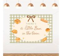 Merrystorm Fondo con texto en inglés "There's a Little Bun in the Oven in the Horn" con tema de pan de guinga verde, para baby shower, fondo de cabina de fotos, panadería, fiesta, decoración de pared
