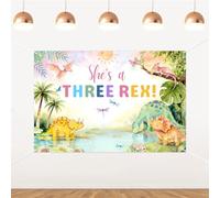 Merrystorm Three Rex - Telón de fondo de cumpleaños con diseño de dinosaurio de dinosaurio She's a Three Rex, decoración de pared de vinilo para celebración de tercer cumpleaños, cabina de fotos