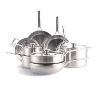 Merten & Storck Tri-Ply Bateria de cocina de 14 piezas de acero inoxidable, sartenes y cacerolas, multicapa, apta para inducción, horno y lavavajillas, color plata