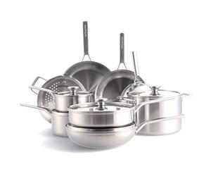 Merten & Storck Tri-Ply Bateria de cocina de 14 piezas de acero inoxidable, sartenes y cacerolas, multicapa, apta para inducción, horno y lavavajillas, color plata