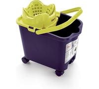 Mery Set Cubo con Fregona y Palo, Cubo Escurridor Automático con Ruedas Morado y Lima, 14 L, Fregona Microfibra Super Absorbente, Rosca Universal, Palo Telescópico de Acero Plastificado, 80-140 cm