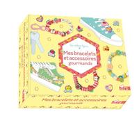 Mes bracelets et accessoires gourmands: Coffret avec du fil élastique transparent, 1 mousqueton rose, des fermoirs, des perles fleurs, des perles fruits, des perles lettres et des décors de lacets