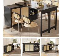 Mesa alta giratoria de 360° (cuerpo principal: 107 x 40 x 71,4 cm), color negro y extensible, armario de almacenamiento con puerta de ratán + estante de almacenamiento abierto, adecuado para cocina y