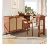 Mesa alta giratoria de 360° (cuerpo principal: 107 x 40 x 71,4 cm), mesa alta marrón con diseño ampliable, armario de almacenamiento con puerta de ratán + estante de almacenamiento abierto, adecuado