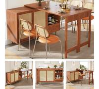 Mesa alta giratoria de 360° (cuerpo principal: 107 x 40 x 71,4 cm), mesa alta marrón con diseño ampliable, armario de almacenamiento con puerta de ratán + estante de almacenamiento abierto, adecuado